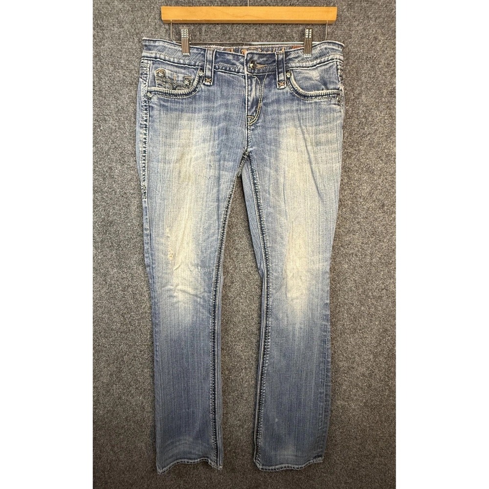 Rock Revival Bootcut Jeans Mens Size 30 Light Blue Thick Stitch Embellished WORN